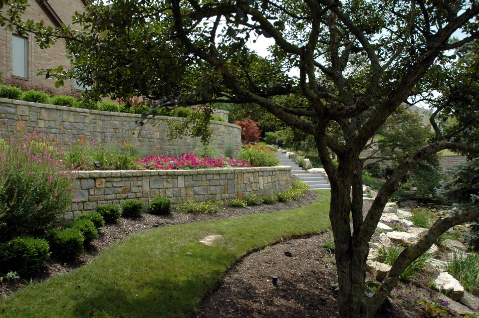Curved stone wall with pink perennials under a mature tree, with lawn and stone steps beyond